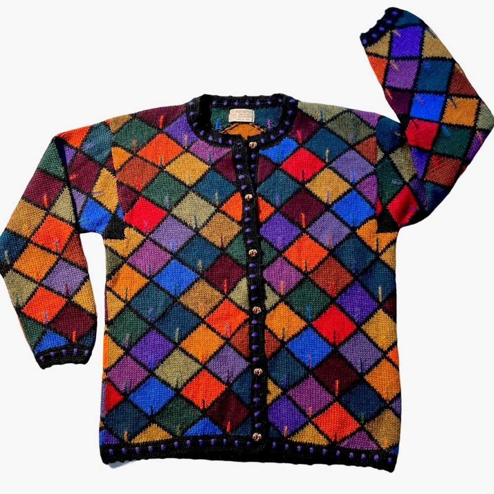 100% Baby Alpaca Multi-Color Square Print Sweater Button-Down Cardigan Size L